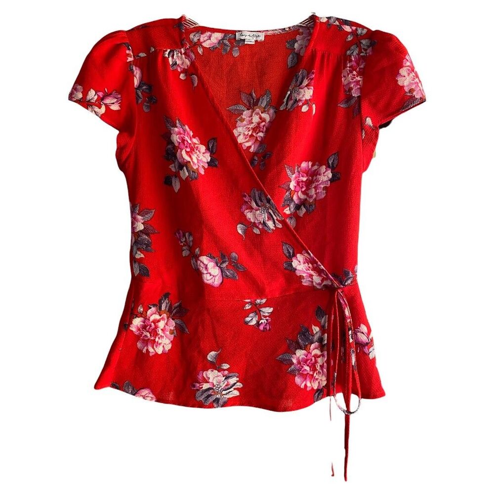 Love Fire Women's Short Sleeve Wrap Multi Color Floral Red Print Shirt sz Small